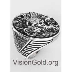 Изысканное овальное мужское кольцо с черепом и розами и черными камнями - Skroutz Skull Ring 0735